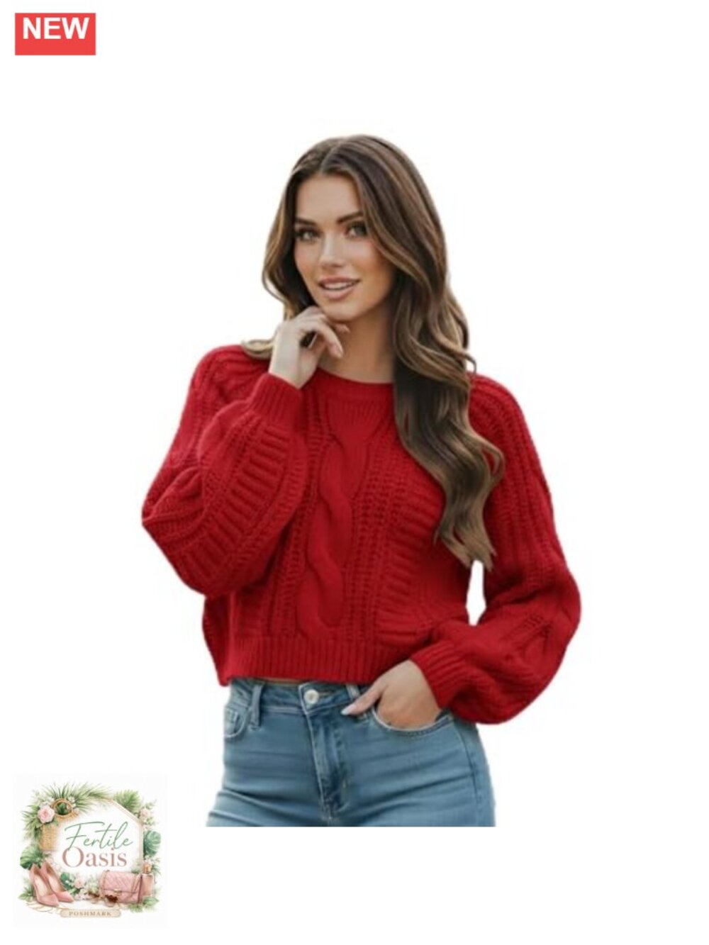 Women's Cropped Cable Knit Sweater Long Sleeve Pullover Acrylic